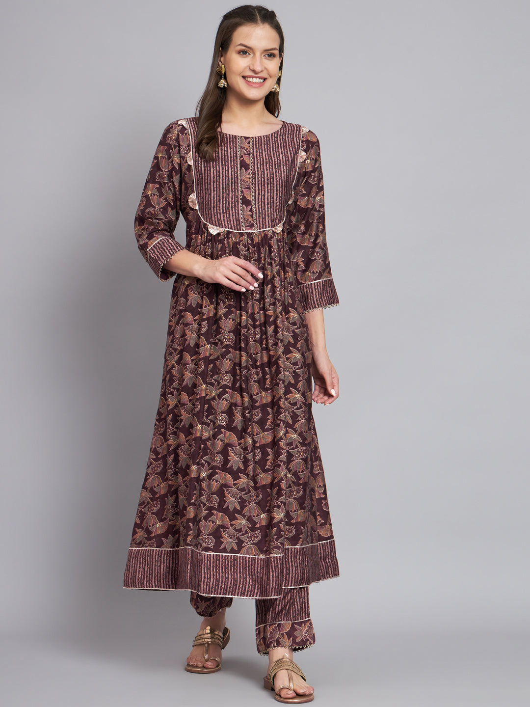 Wine printed front pleated kurta with trouser