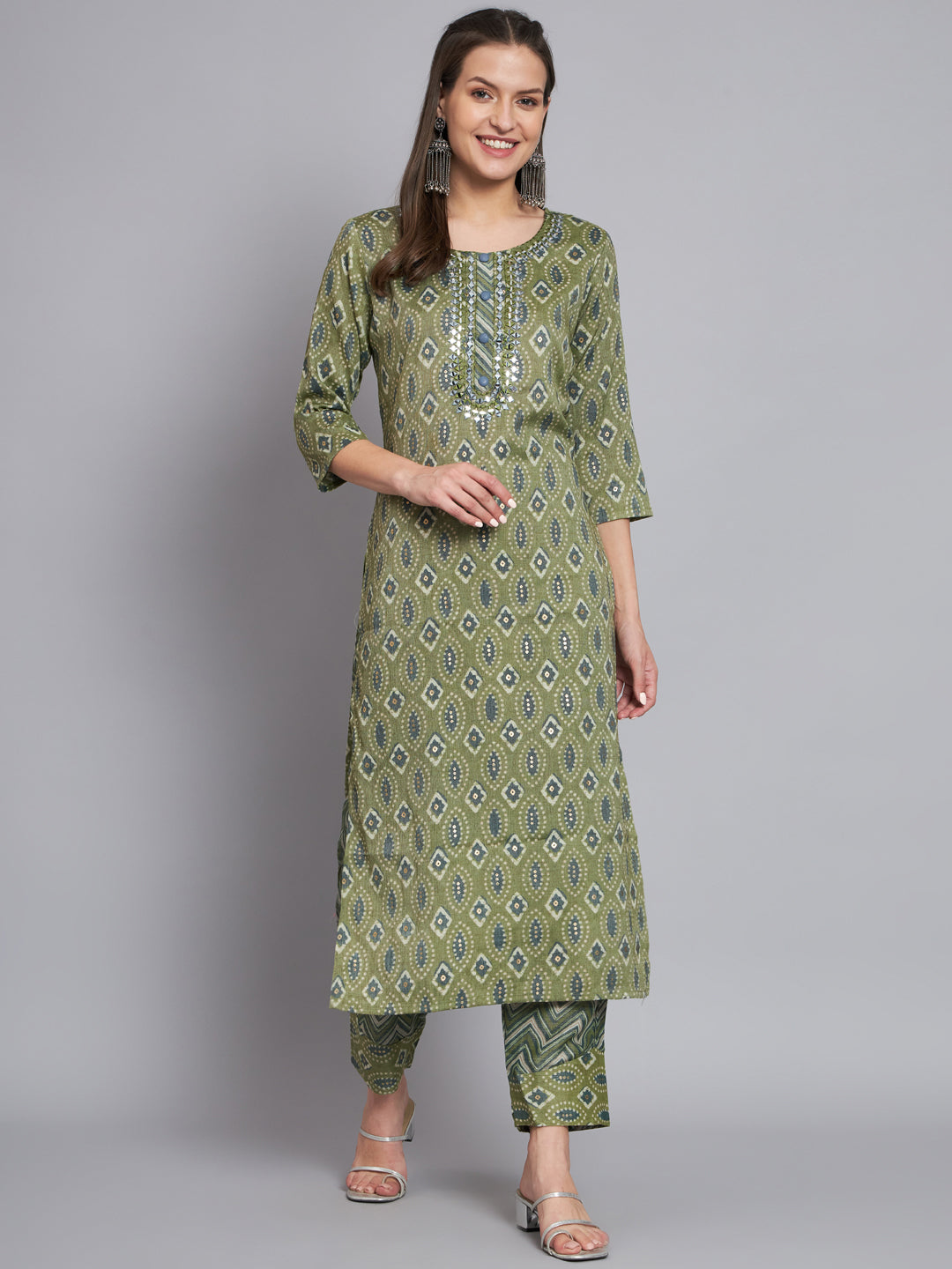 Womens green handwork kurta with trouser