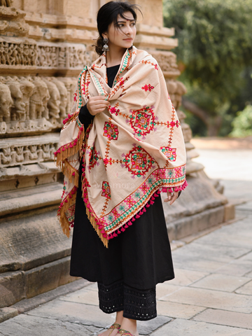 Beige Floral Motifs Aari Heavily Embroidered Khadi Shawl/Dupatta With  Rani Tassel Lace