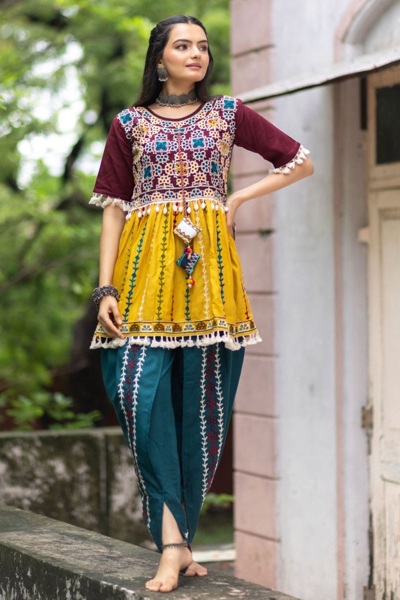 Navratri special wine embroidered kedia with Turqoise Blue dhoti set G Navratri special wine embroidered kedia with Turqoise Blue dhoti set G